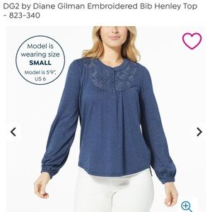 DG2 by Diane Gilman Blue Embroidered Bib Henley Top